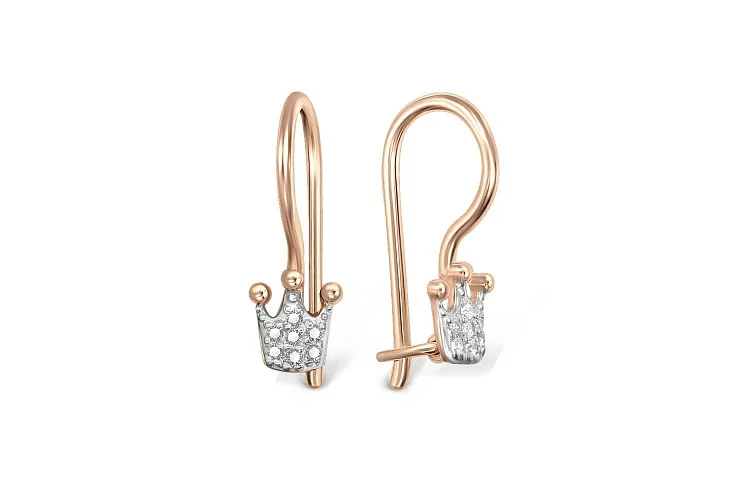 Детские серьги Короны из красного золота с 14 фианитами