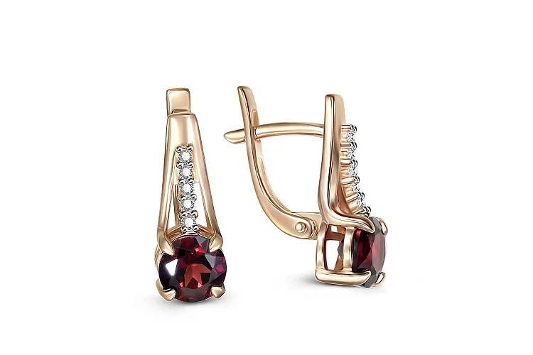 Серьги из красного золота с 2 гранатами и 10 фианитами