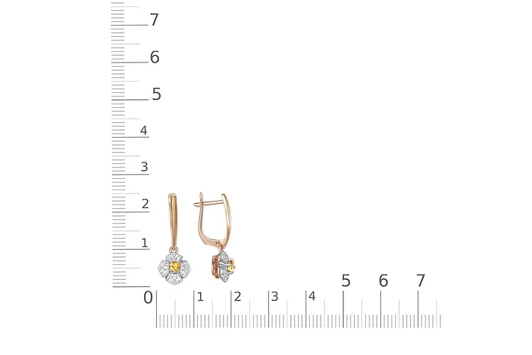 Серьги Цветы из красного золота с 2 цитринами и 24 фианитами