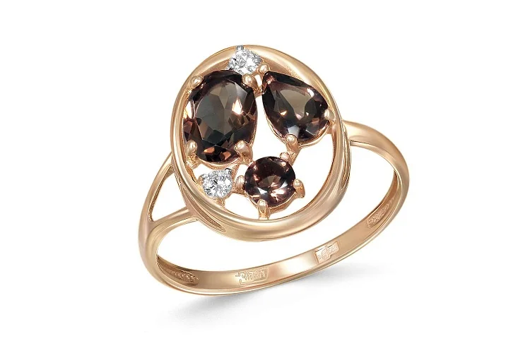 Кольцо из красного золота с 3 раухтопазами и 2 фианитами