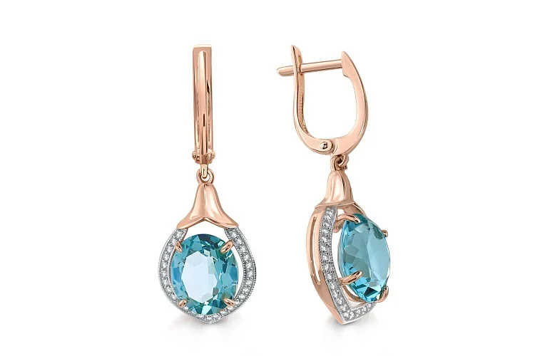 Серьги из красного золота с 2 наноситалами и 54 фианитами