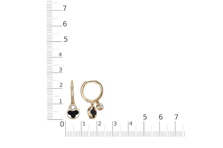 Серьги Клевер из жёлтого золота с 2 ониксами и 2 фианитами