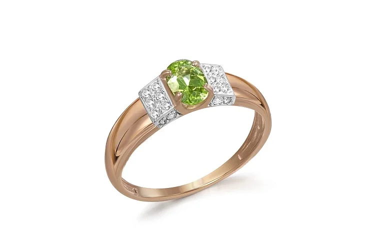 Кольцо из красного золота с хризолитом и 20 фианитами