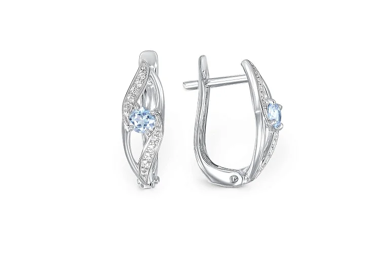 Серьги из белого золота с 2 топазами swiss и 16 фианитами