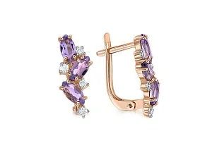 Серьги из красного золота с 6 аметистами и 8 фианитами