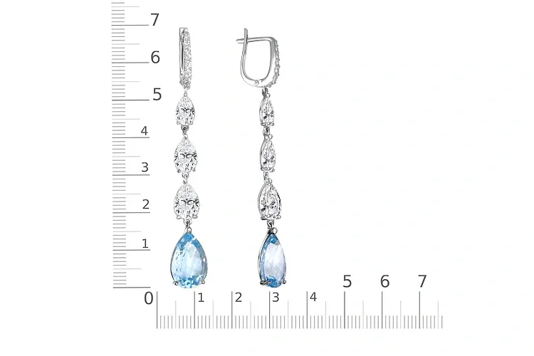 Серьги из белого золота с 2 топазами sky и 20 фианитами