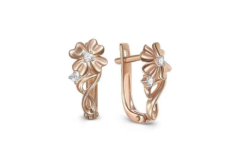 Серьги Цветы из красного золота с 4 фианитами