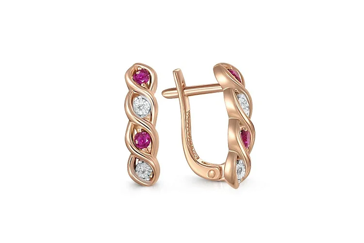 Серьги Дорожки из красного золота с 4 корундами и 4 бриллиантами