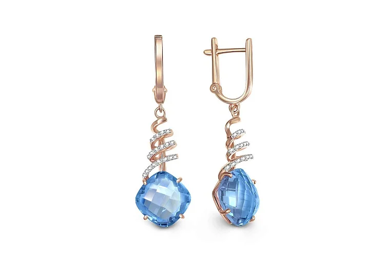 Серьги из красного золота с 2 топазами swiss и 36 фианитами