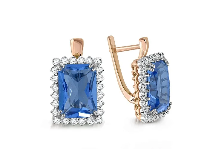 Серьги из красного золота с 2 наноситалами и 48 фианитами