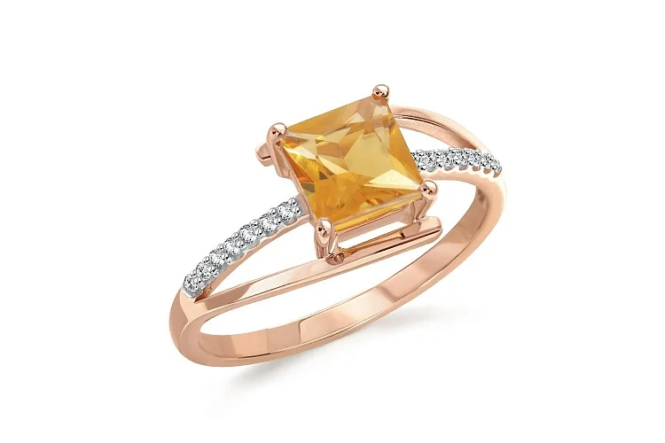 Кольцо из красного золота с цитрином и 14 фианитами