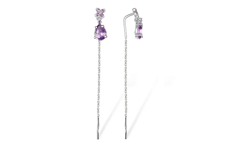 Серьги-продёвки Цветы из красного золота с 12 аметистами