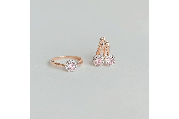 Серьги из красного золота с 2 ситаллами и 16 фианитами