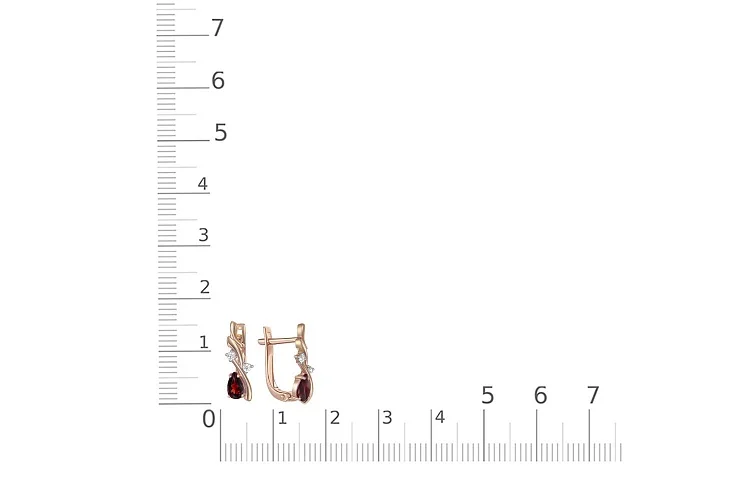 Серьги из красного золота с 2 гранатами и 4 фианитами