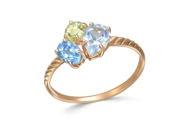 Кольцо из красного золота с топазом sky, топазом swiss и хризолитом