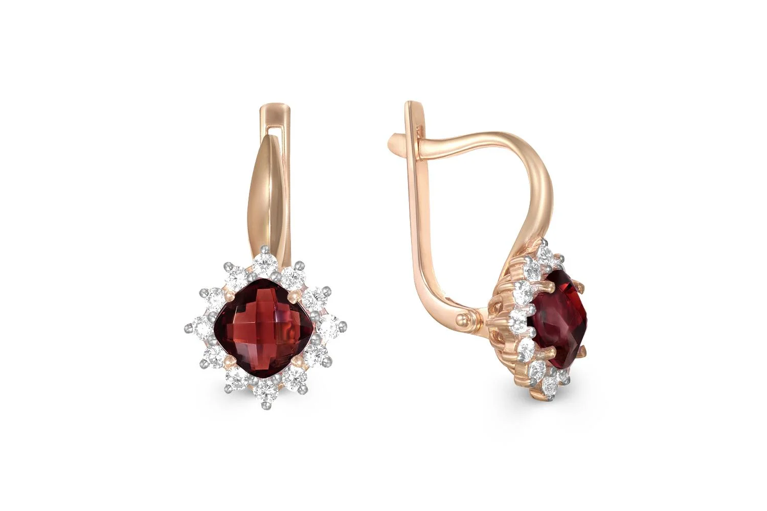 Серьги из красного золота с 2 гранатами и 24 фианитами