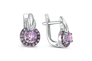 Серьги из белого золота с 2 аметистами и 26 фианитами