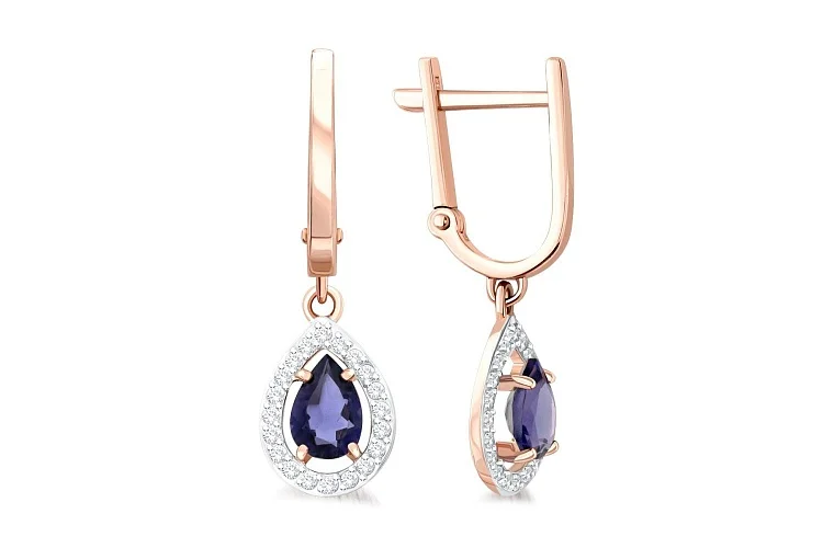 Серьги из красного золота с 2 иолитами и 40 фианитами