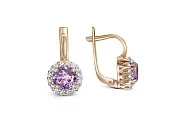 Серьги из красного золота с 2 аметистами и 32 фианитами