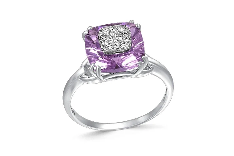 Кольцо из белого золота с аметистом и 14 бриллиантами