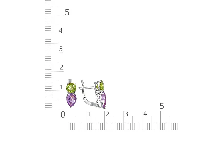Серьги из белого золота с 2 аметистами и 2 хризолитами