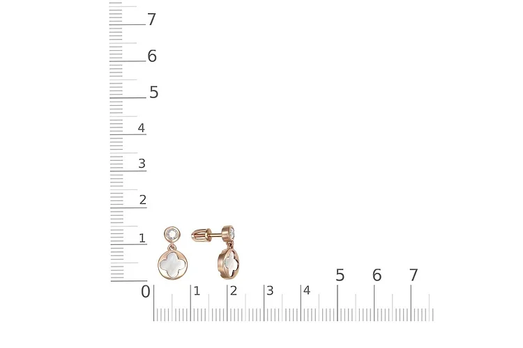 Серьги-пусеты Клевер из красного золота с перламутром и 2 фианитами