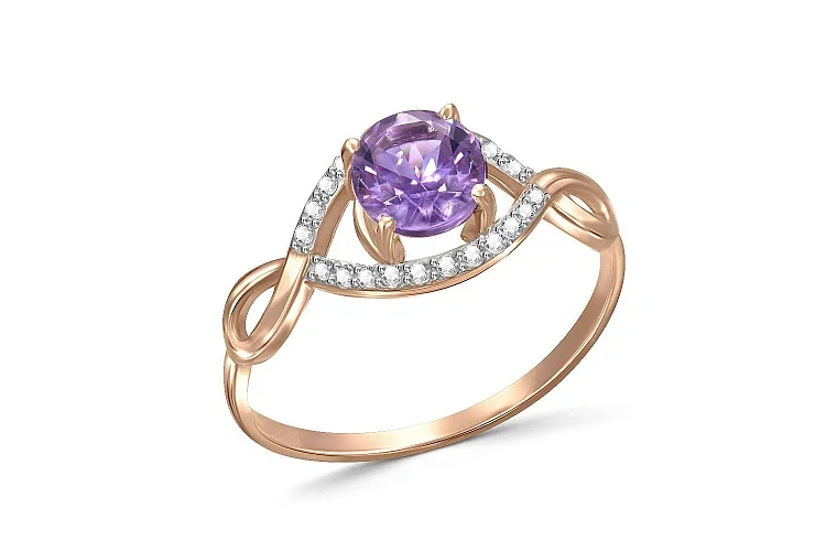 Кольцо из красного золота с аметистом и 22 фианитами