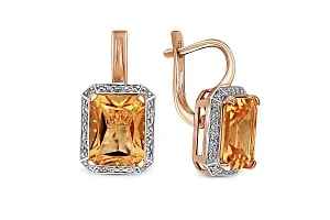 Серьги из красного золота с 2 цитринами и 52 фианитами