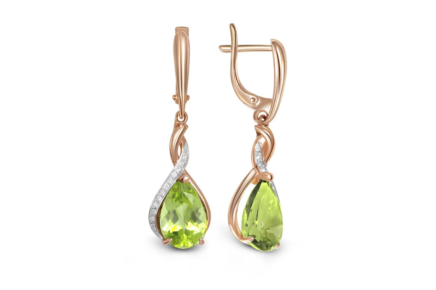 Серьги из красного золота с 2 хризолитами и 24 фианитами