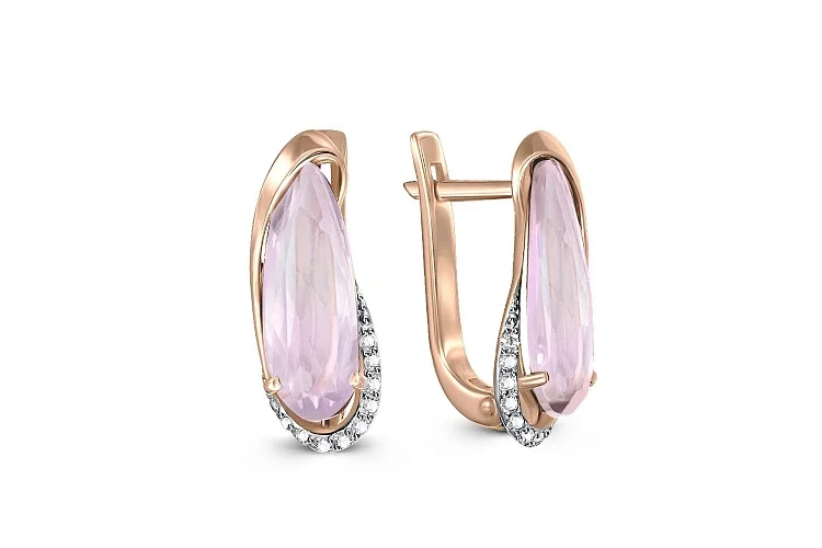 Серьги из красного золота с 2 кварцами и 18 фианитами