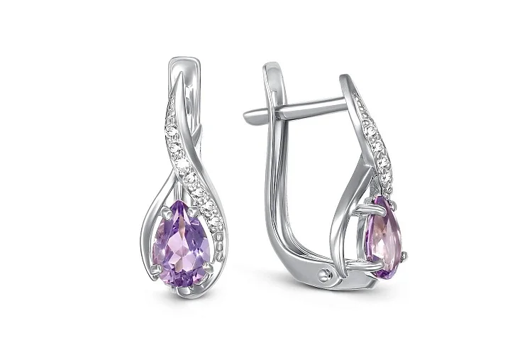 Серьги из белого золота с 2 аметистами и 14 фианитами