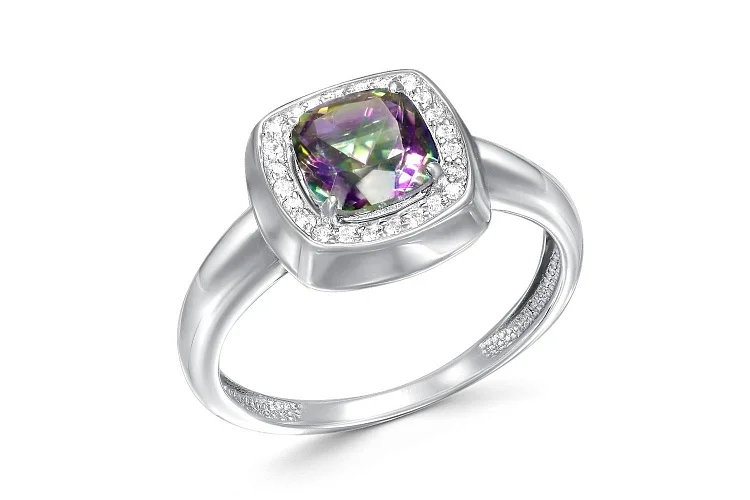 Кольцо из белого золота с кварцем и 24 фианитами