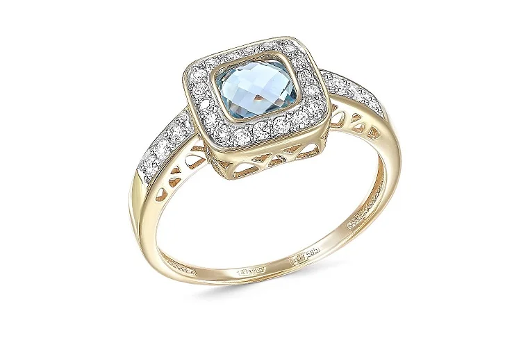 Кольцо из жёлтого золота с топазом sky и 24 фианитами