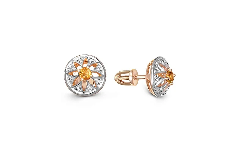 Серьги-пусеты Цветы из красного золота с 2 цитринами и 16 фианитами
