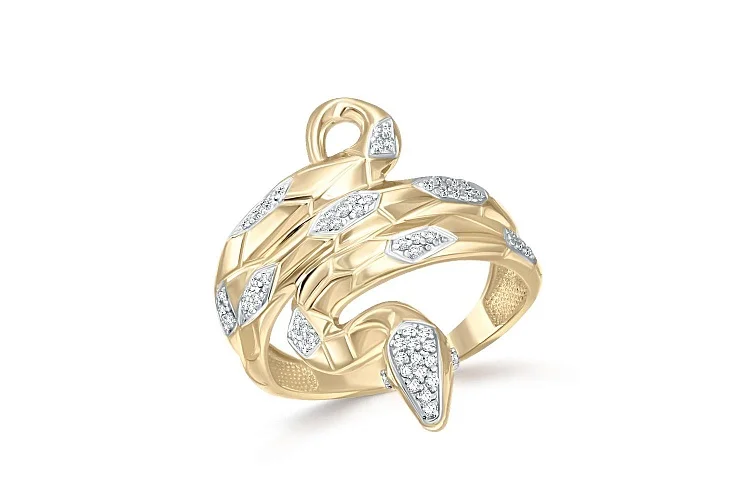 Кольцо Змея из жёлтого золота с 64 фианитами