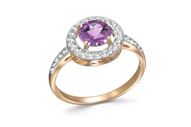 Кольцо из красного золота с аметистом и 30 фианитами