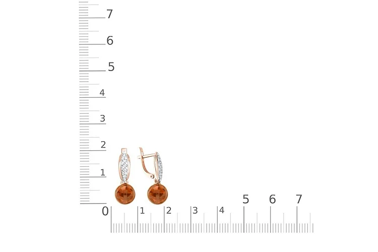 Серьги из красного золота с янтарём и 30 фианитами