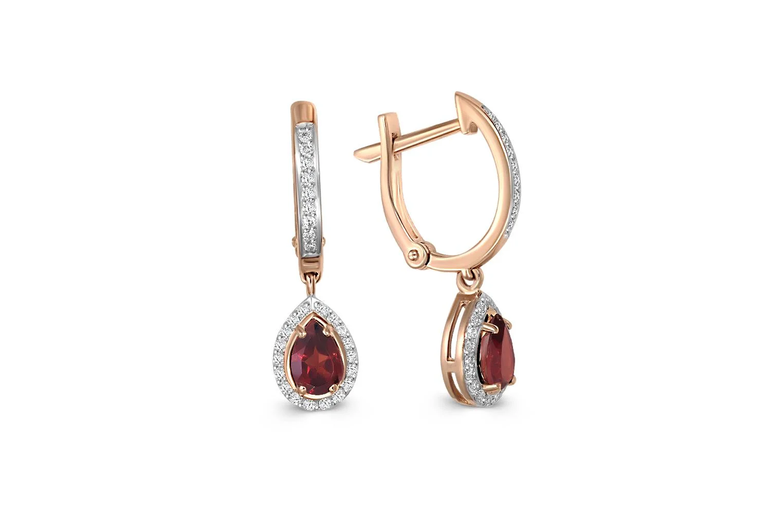 Серьги из красного золота с 2 гранатами и 54 фианитами