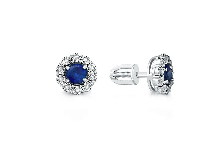 Серьги-пусеты из белого золота с 2 корундами и 20 фианитами