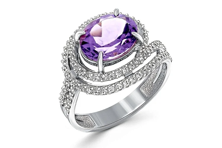 Кольцо из белого золота с аметистом и 93 фианитами