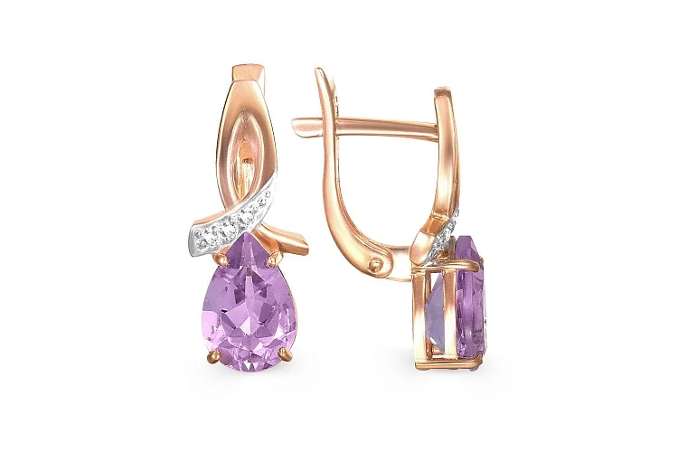 Серьги из красного золота с 2 аметистами и 6 фианитами