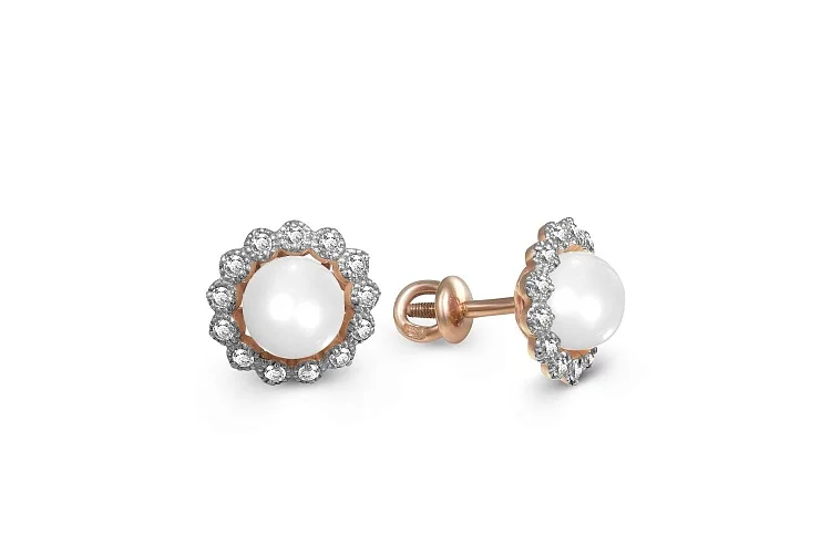 Серьги-пусеты Цветы из красного золота с 2 жемчужинами и 26 фианитами