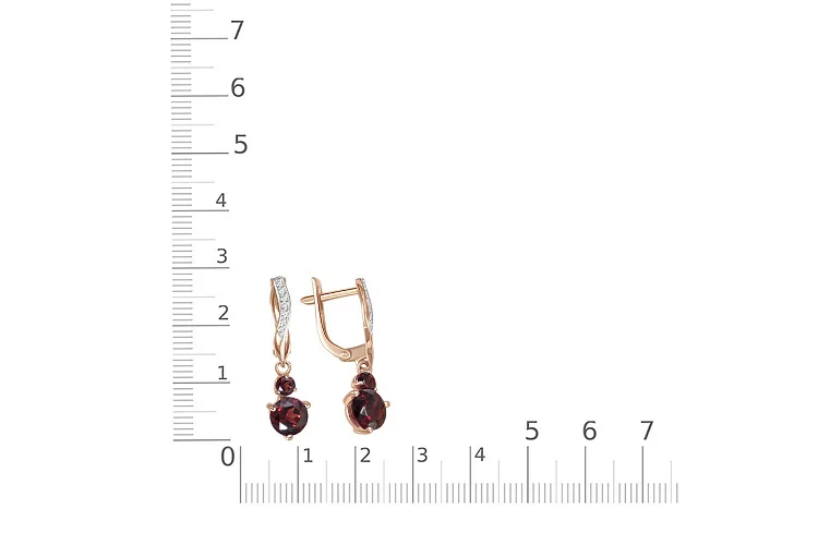 Серьги из красного золота с 4 гранатами и 14 фианитами