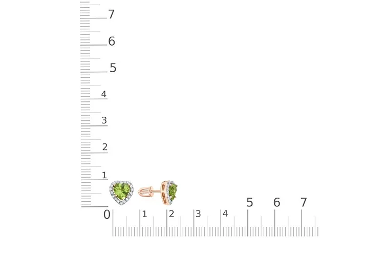 Серьги-пусеты Сердца из красного золота с 2 хризолитами и 36 фианитами