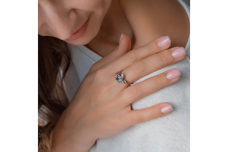 Кольцо из белого золота с топазом sky и 12 фианитами