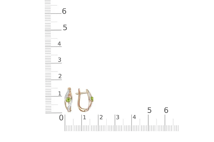 Серьги из красного золота с 2 хризолитами и 16 фианитами