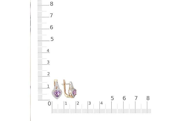 Серьги Сердца из красного золота с 2 аметистами и 54 фианитами