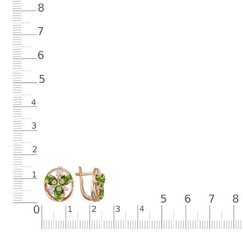 Серьги из красного золота с 6 хризолитами и 10 фианитами