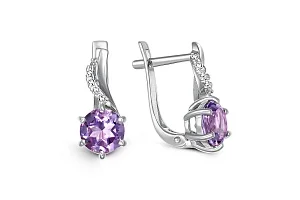 Серьги из белого золота с 2 аметистами и 10 фианитами