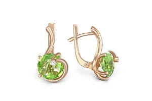 Серьги из красного золота с 2 хризолитами и 2 фианитами